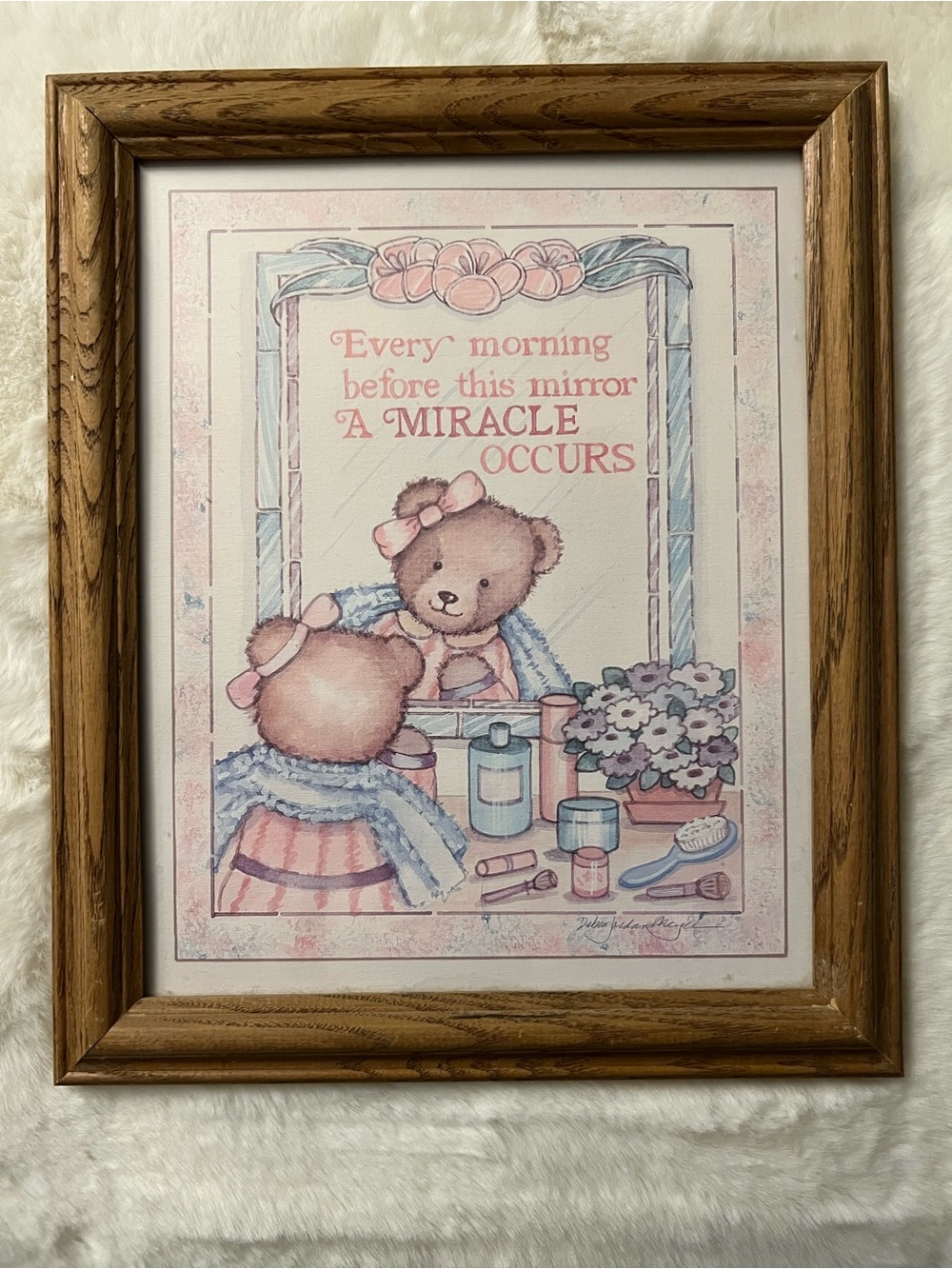 Vintage Cute Teddy Mirror Wall Art Print - Pink & Blue
